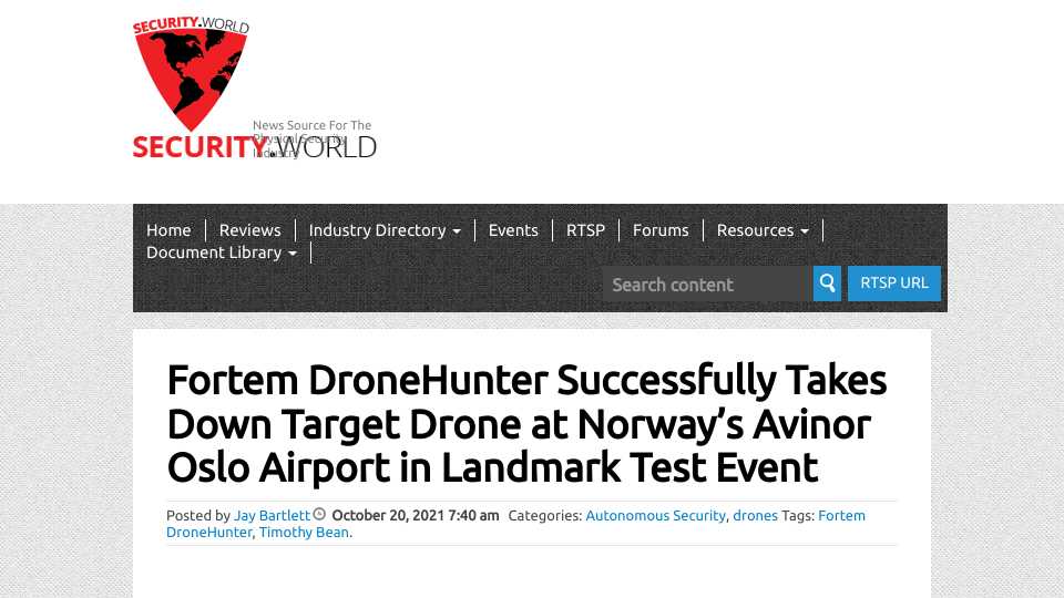 Fortem DroneHunter Successfully Takes Down Target Drone at Norway's Avinor Oslo Airport in Landmark Test Event