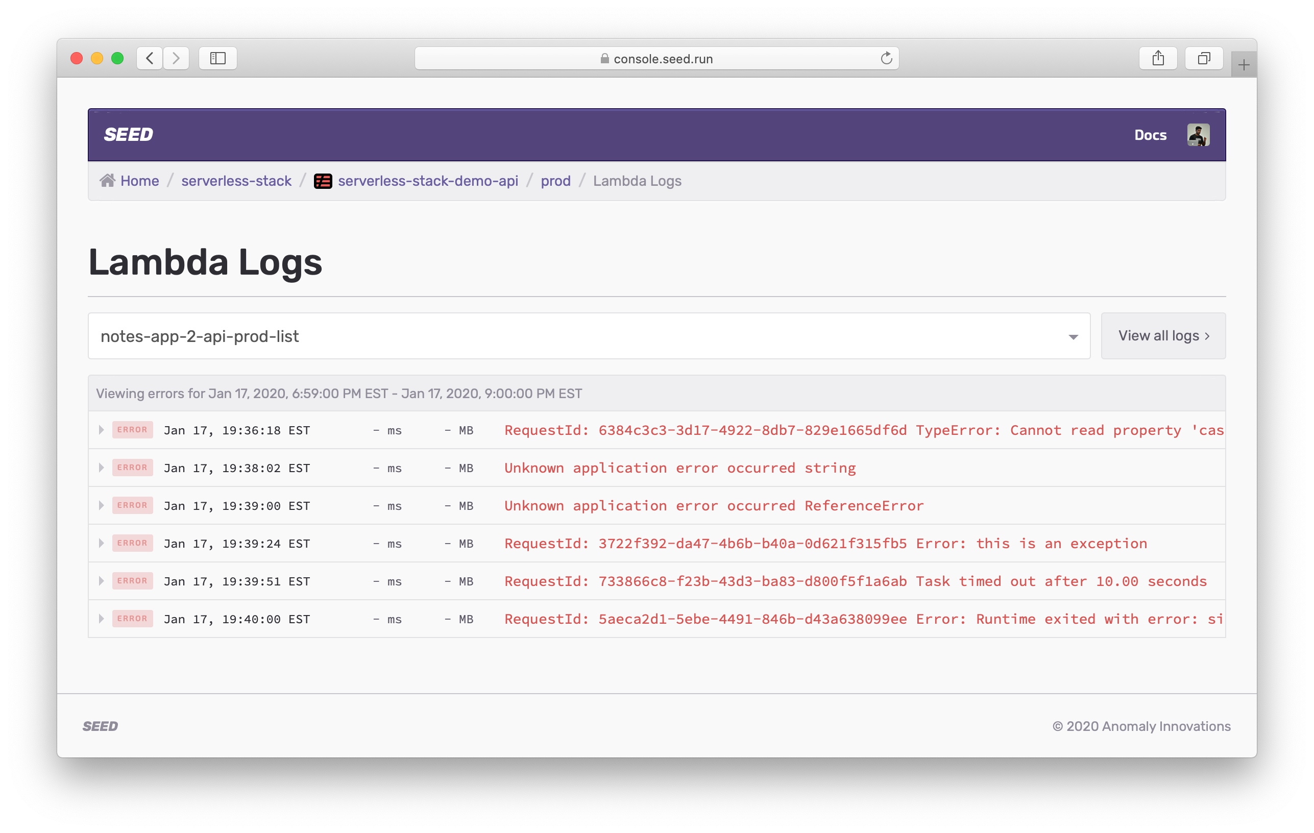 View Lambda errors logs