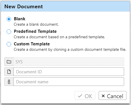 Add document dialog with options: Blank, Predefined Template (ISO/IEC/IEEE 29148), Custom Template