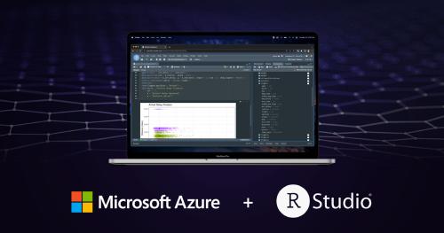 缩略图笔记本电脑屏幕在图像的底部显示了Azure ML上的Rstudio工作台，这是Microsoft Azure + rstudio带有各自徽标的文本。