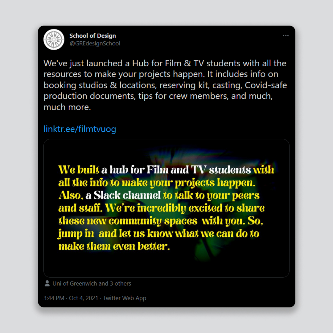 tweet inviting students to look into the ew Slack Channel and FTV Hub