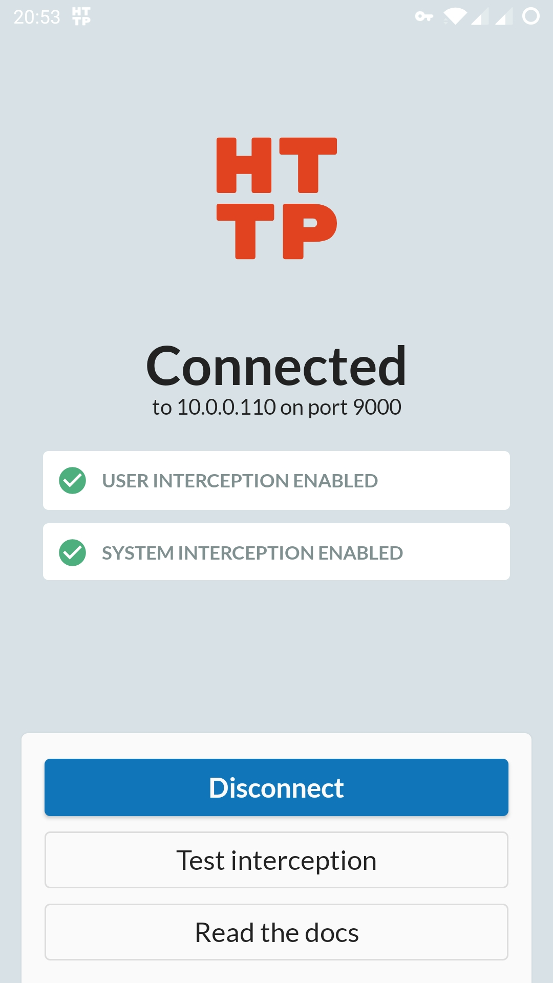 Screenshot of the Android app, successfully connected