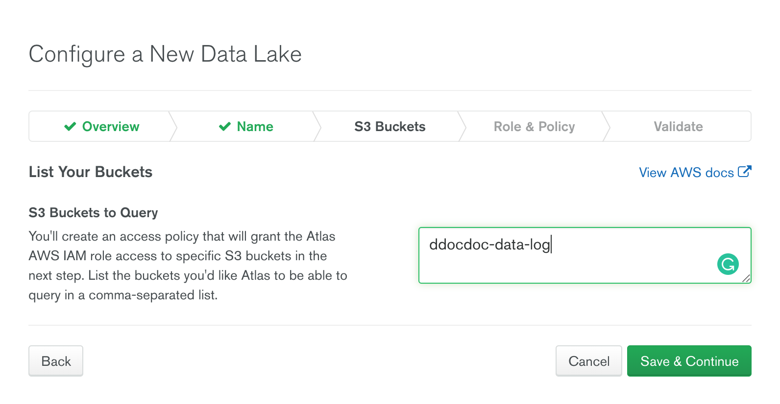 DataLake에서 사용할 버킷 지정 화면