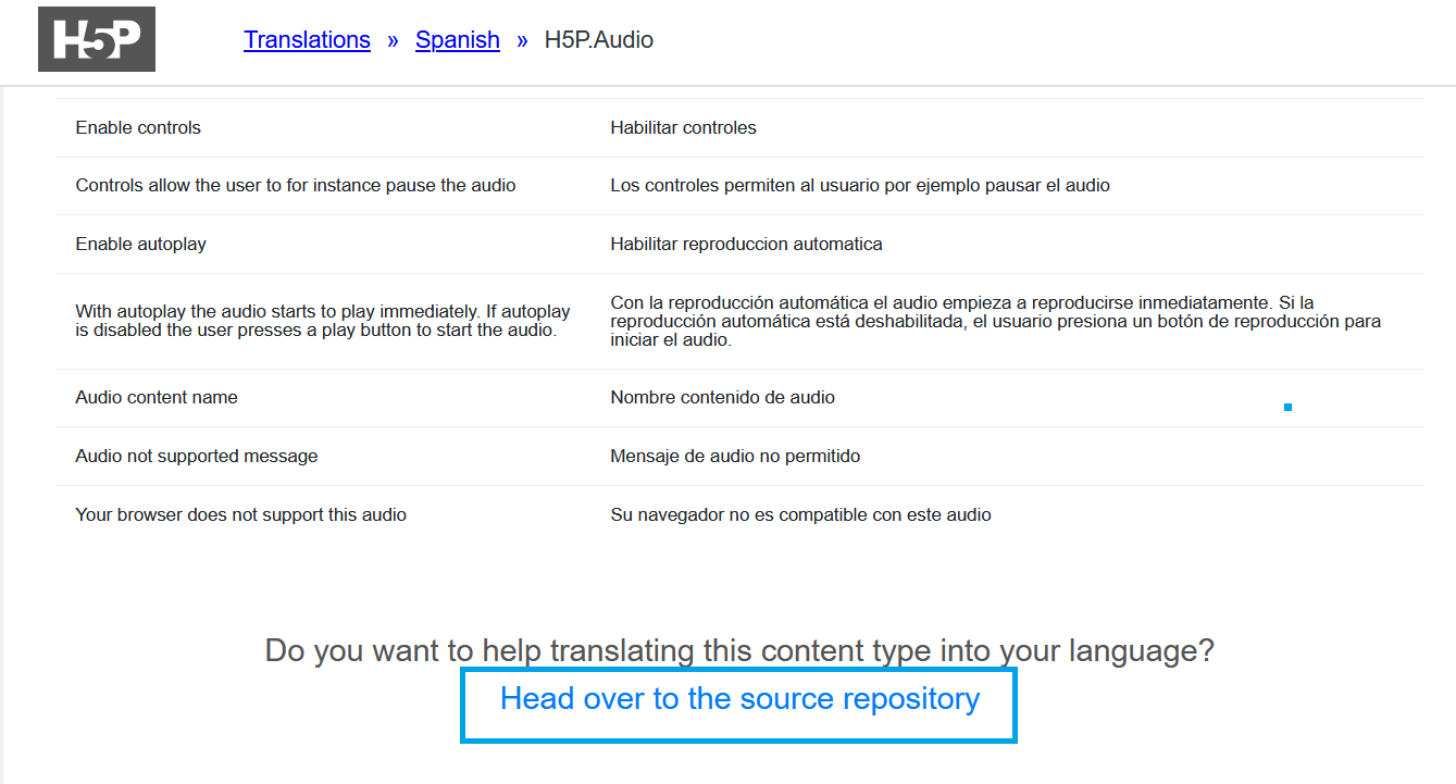 H5P content-type translation status page