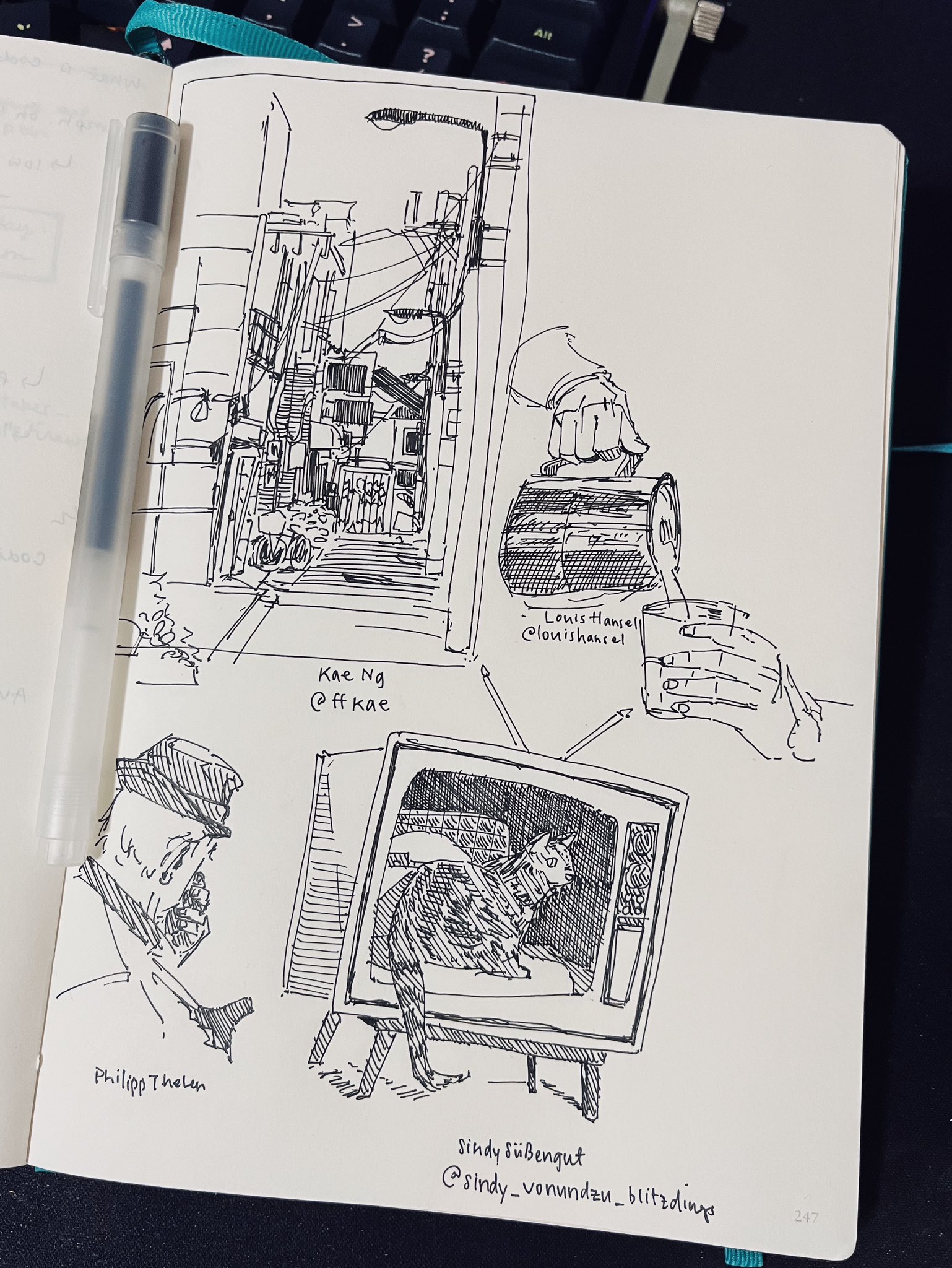 A few ink sketches: a narrow residential street in Japan, hands pouring coffee into a glass, the back of a man’s head, and a cat sitting inside a vintage television set.
