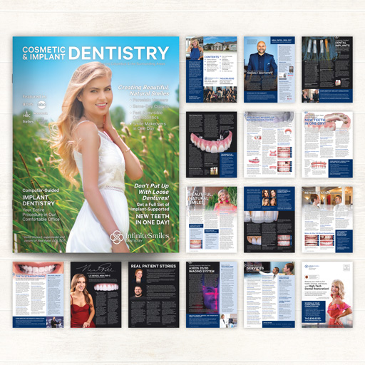 A 16-page dental magazine is laid out so all pages are visible. Style is modern and eye-catching.
