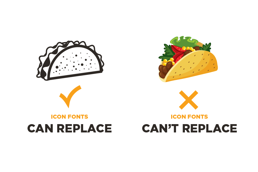 what icon fonts can replace Flat icon of a taco with the text "CAN REPLACE" next to a multi-color taco icon with the text "CAN'T REPLACE"