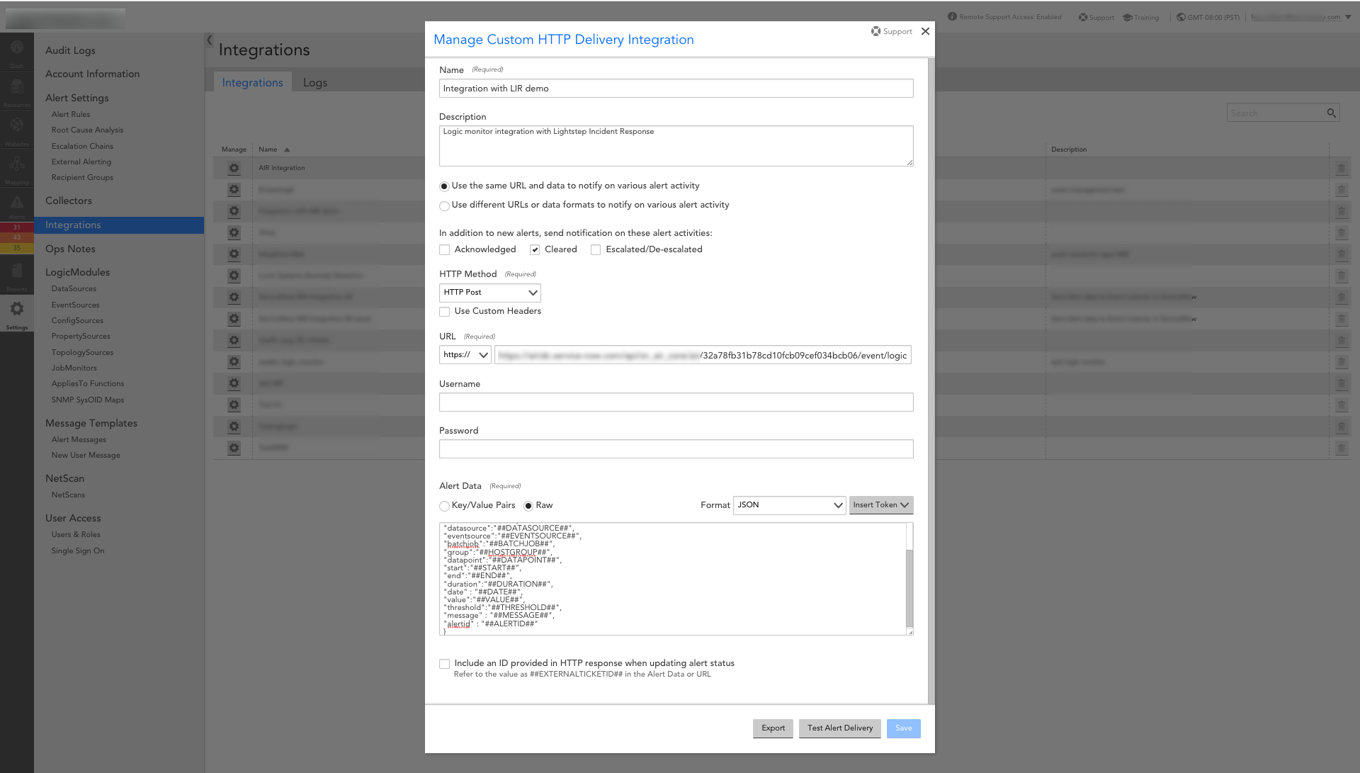 Manage Custom HTTP Delivery Integration dialog box.
