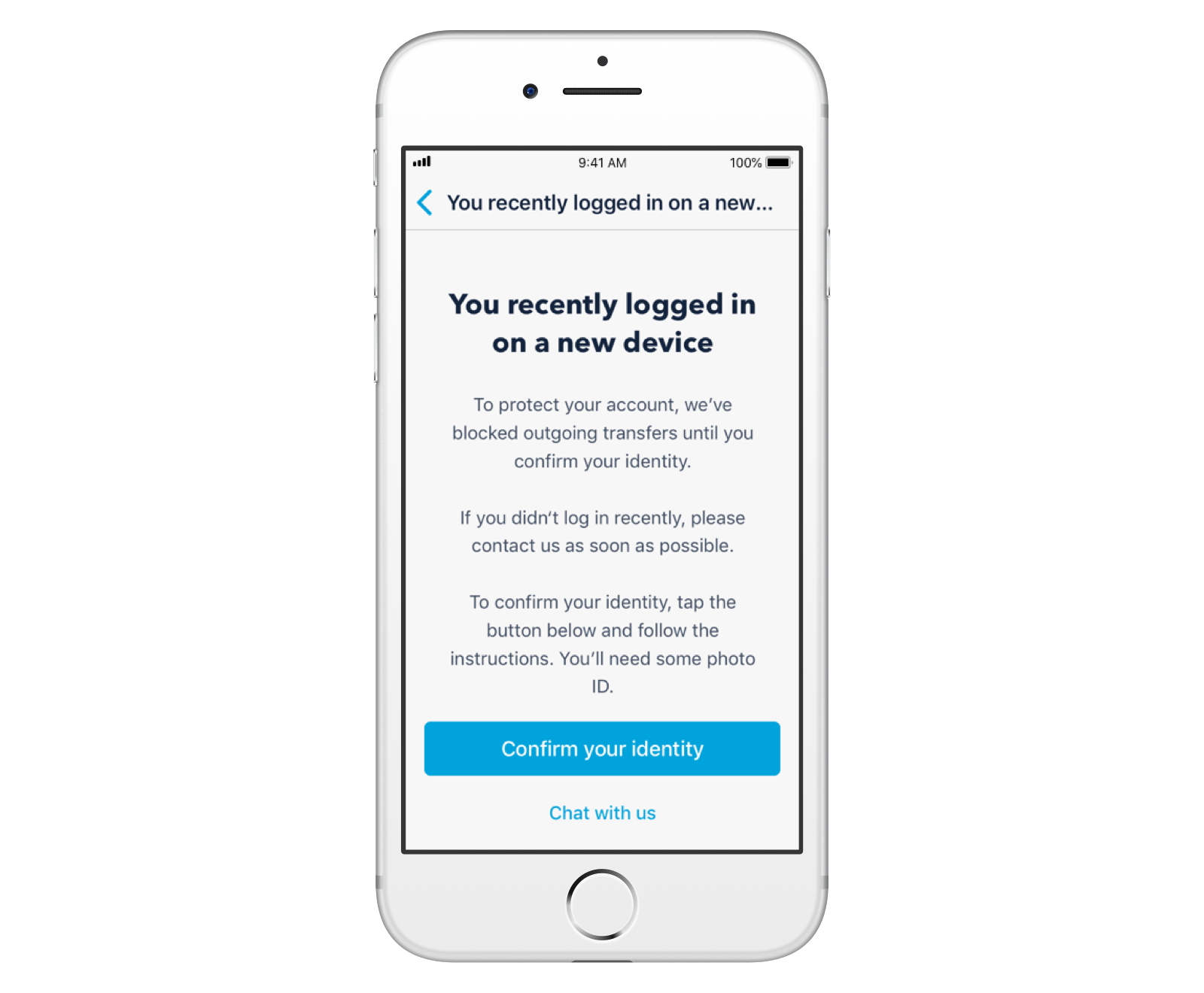 Screen asking someone to confirm their identity