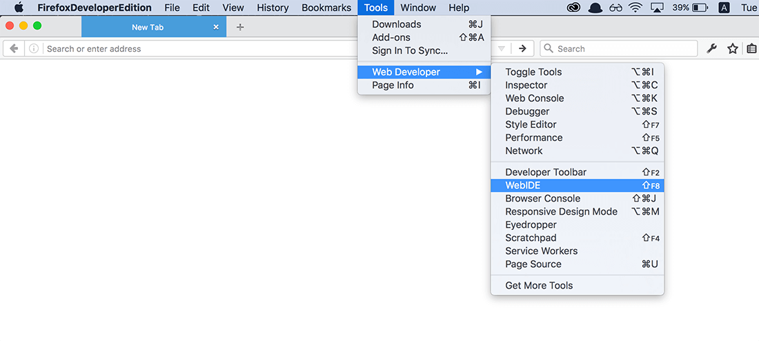 เปิด WebIDE จากเมนู Tools > Web Developer > WebIDE