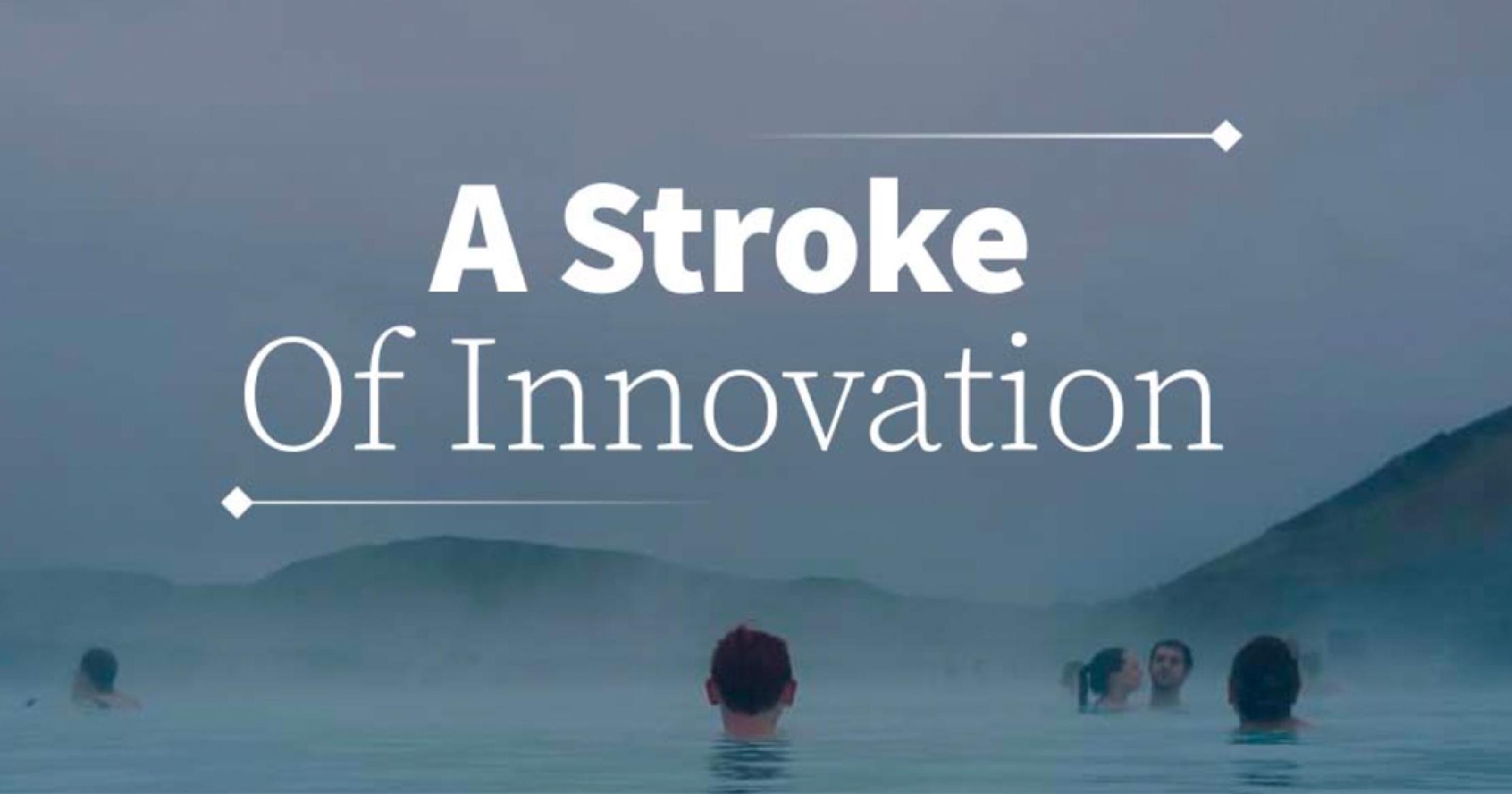 Thumbnail Screenshot image of the video with people swimming in a geothermal pool and text that says A Stroke of Innovation