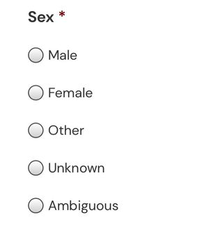 A form widget titled "Sex" with radio options "Male", "Female", "Other", "Unknown", "Ambiguous"