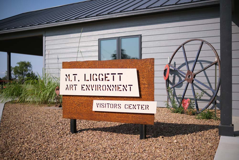 Custom fabricated steel sign outside of the M.T. Liggett Art Experience Visitor Center