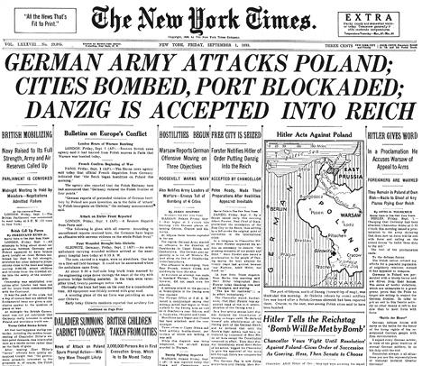 A newspaper front page from 1939 reporting the declaration of war