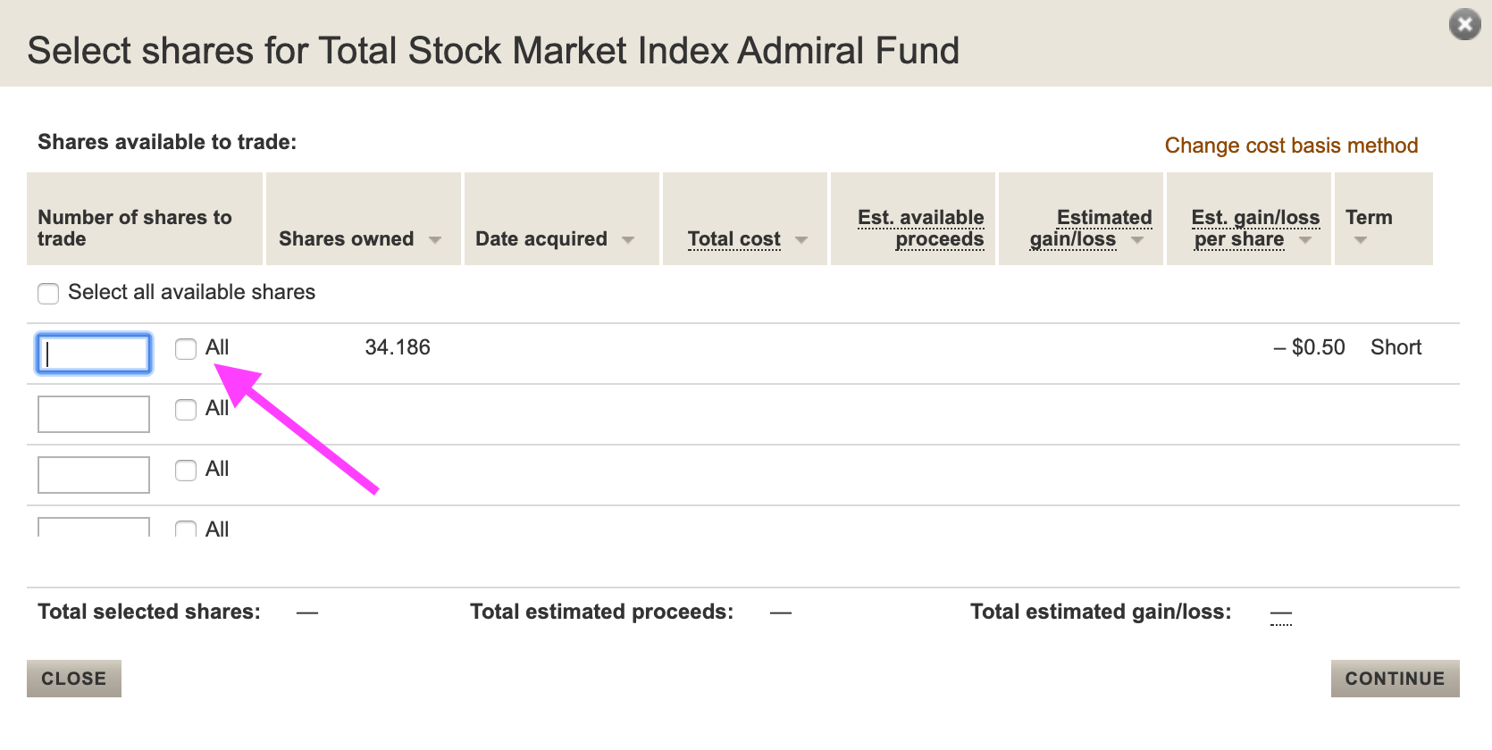 Vanguard fund selection page