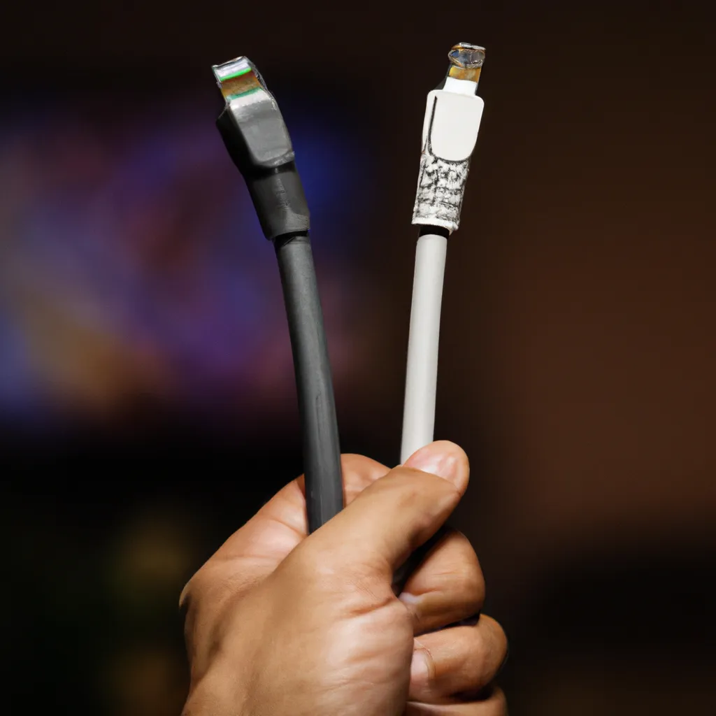 An image of a person holding an Ethernet cable in one hand and an HDMI 2.1 cable in the other hand, with a 4K TV in the background.