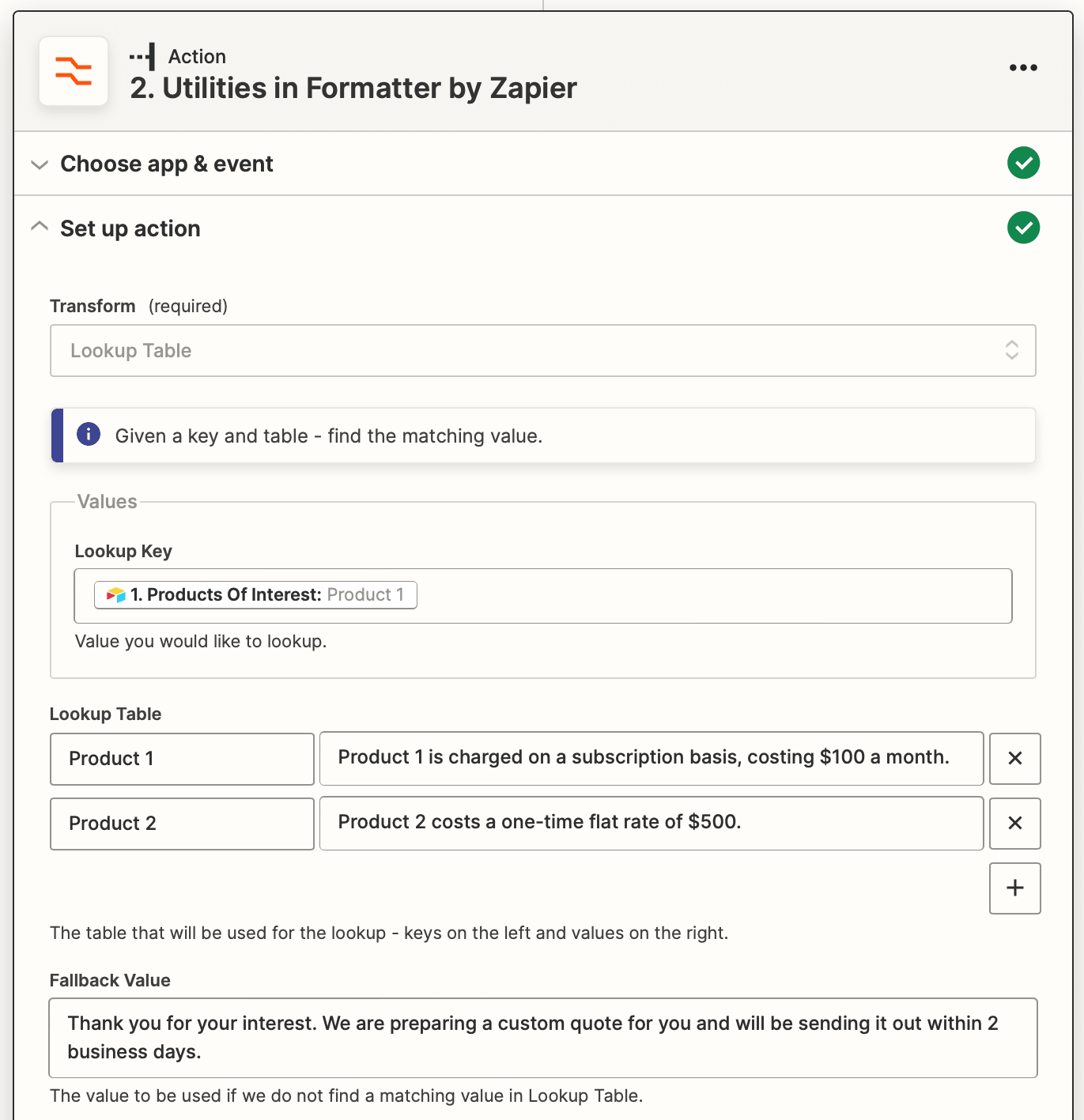Screenshot of Zapier utilities in formatter action with lookup table transform and action setup
