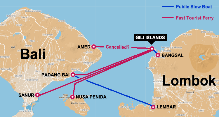 Map with all the ferry options between Bali and the Gili Islands.