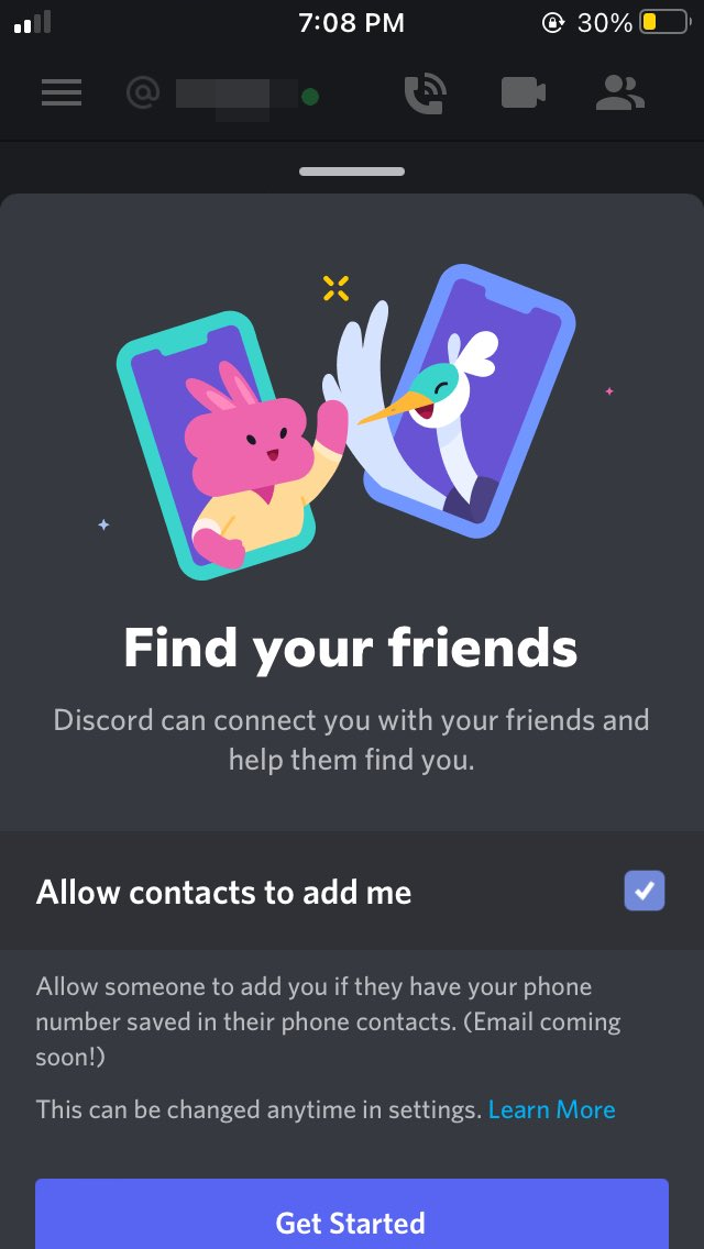 Discord modal on iOS advertising a 'Find your friends' feature. The checkbox 'Allow contacts to add me' is checked, and smaller text explains how someone can add you if they have your phone number saved to their contacts. Below is a purple Get Started button.