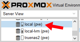 Screenshot of local storage node menu item in the Server View of Proxmox