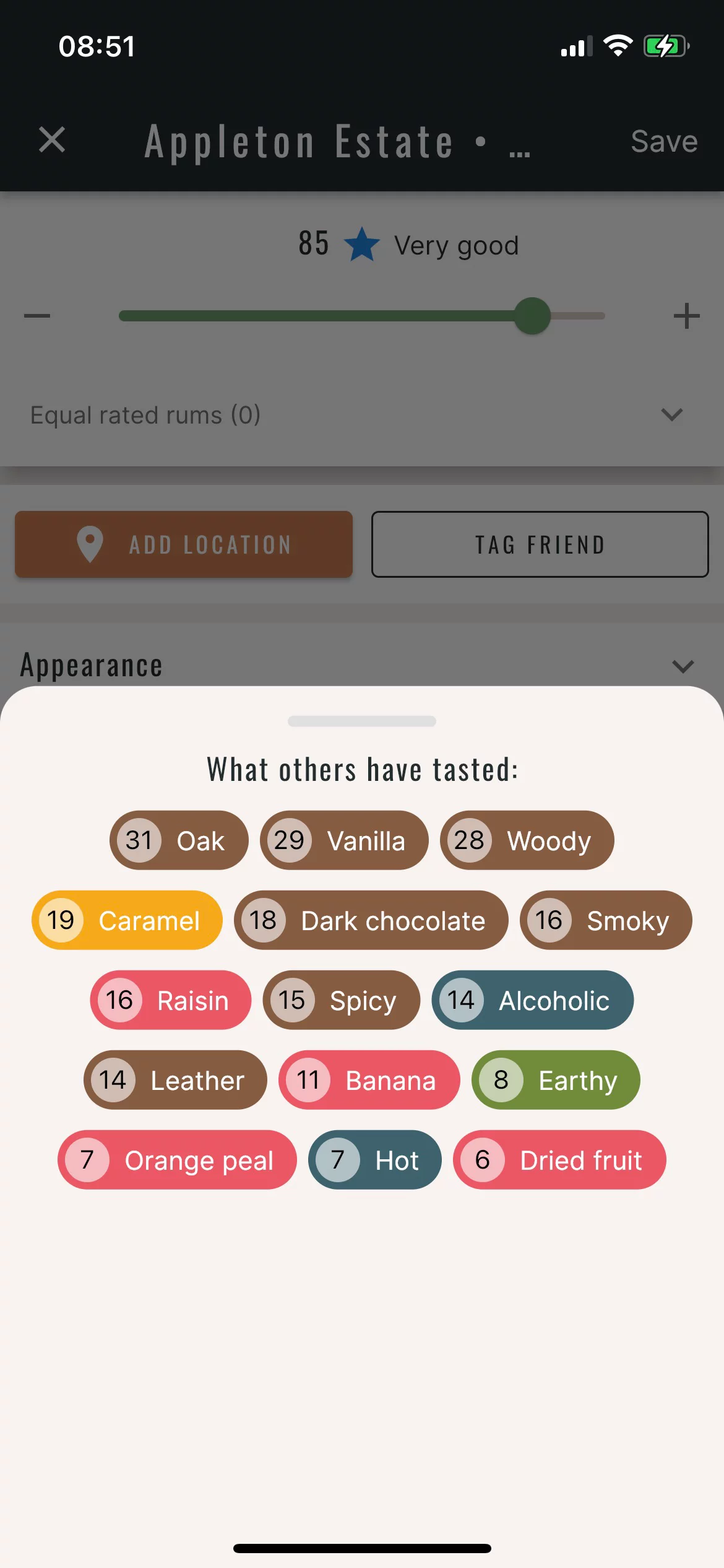 Screenshot of the 'what other users tasted' hints in the iOS app