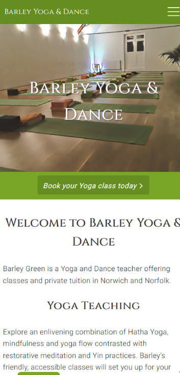 Barley Yoga & Dance website frontpage on a mobile