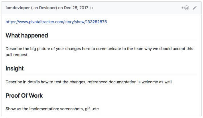 A complete description field for a pull request should contain all these pieces of information — Having a pull request template can help streamline this process ([How-to for Github](https://docs.github.com/en/communities/using-templates-to-encourage-useful-issues-and-pull-requests/creating-a-pull-request-template-for-your-repository))