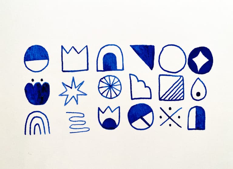A six by three grid of random geometric shapes, drawn in a dark blue variegated ink