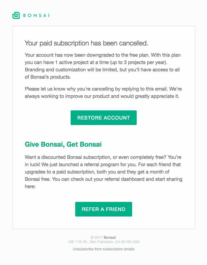 Bonsai win back email example