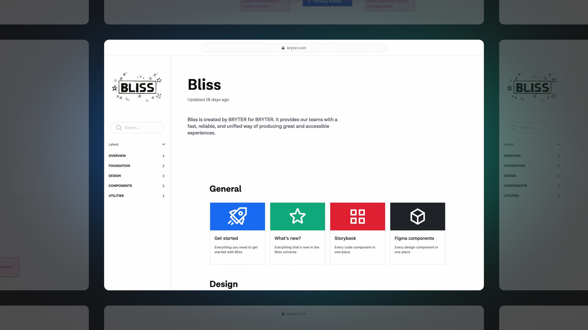 Screenshot showing a scren of the Bliss Design System v0.x project.