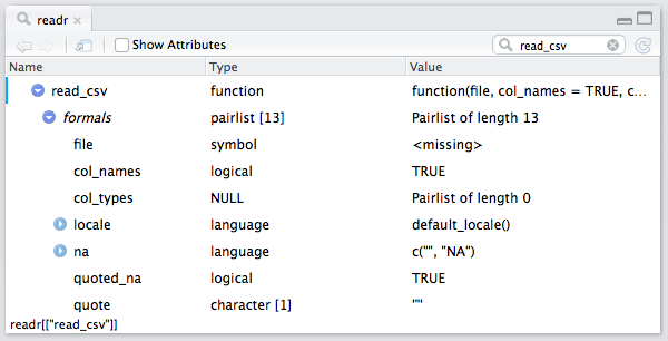 Object Explorer readr Namespace Expanded