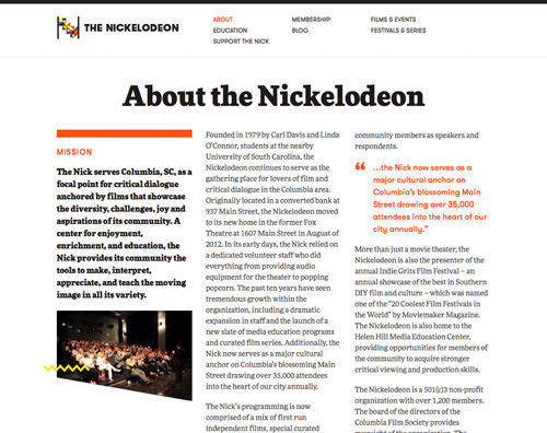 Screenshot of the top portion of the Nickelodeon about page, which has a newspaper-esque layout