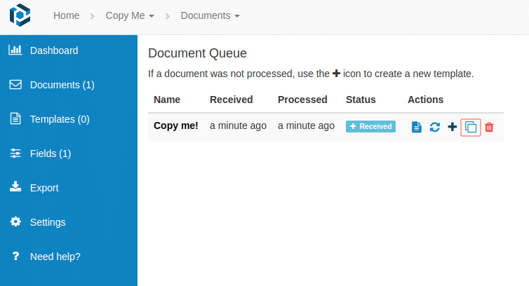 Use the copy action button (highlighted in red) to create a copy of a document or a template