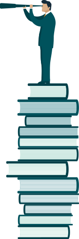 Man with spyglass standing on pile of books