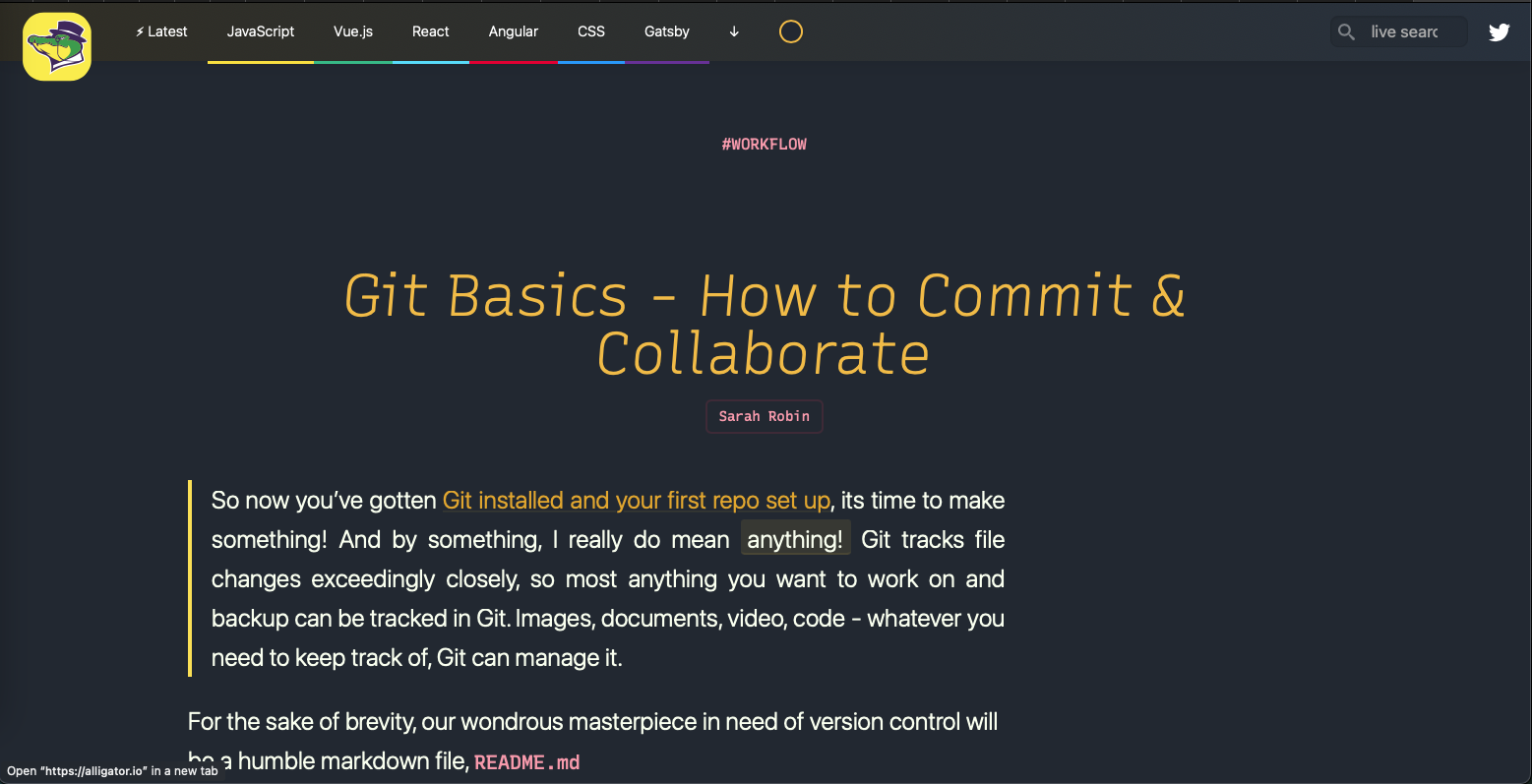 A screenshot of the second article in the git basics series on Alligator.io