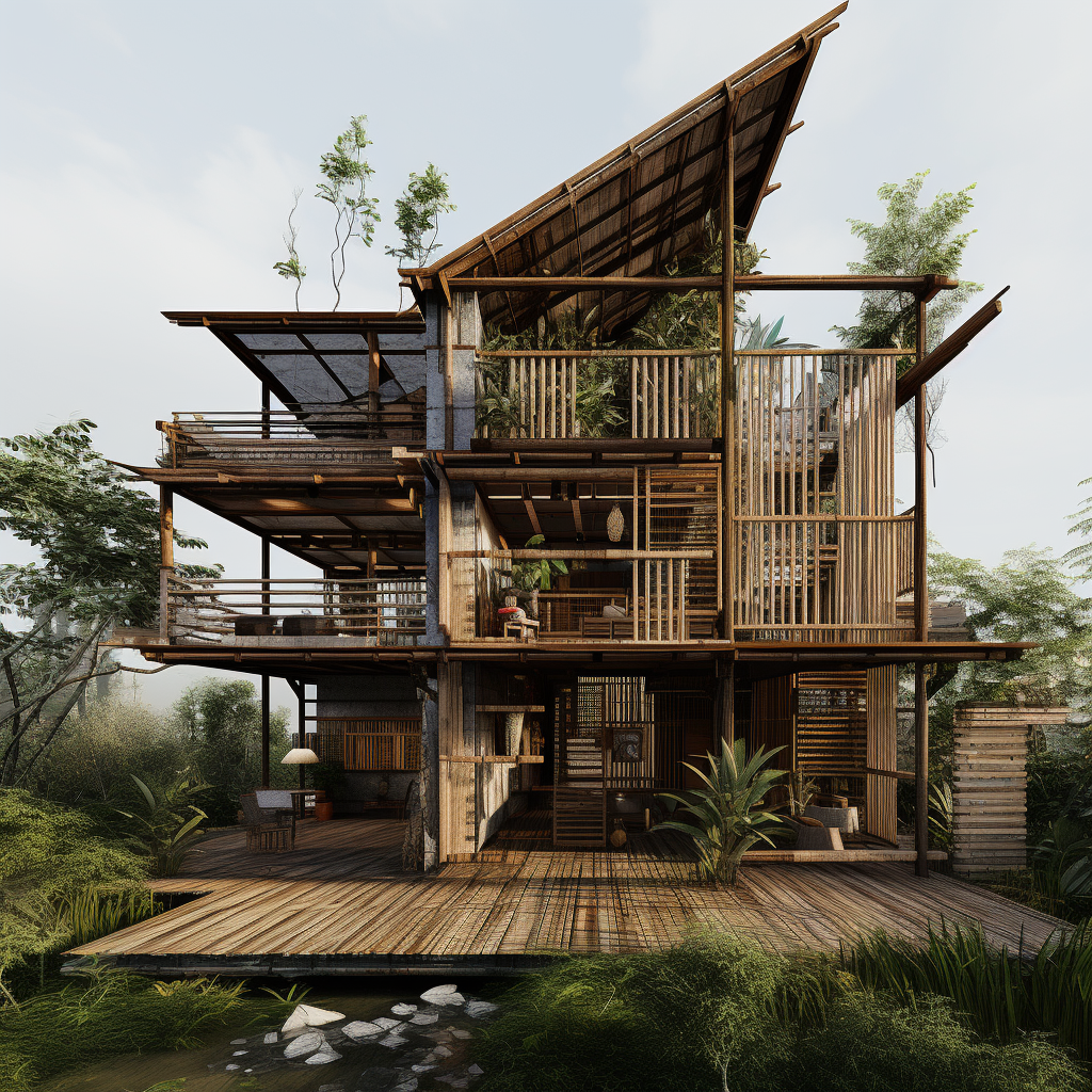Concept visualization of a house built from recycled steel, bamboo, and reclaimed wood