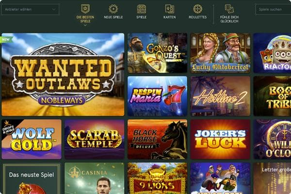 Casinia Online Casino Spieleauswahl des Casinos mit großen Slot Kacheln
