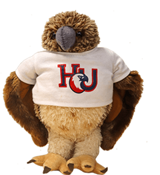 Stuffed animal of Hodges mascot pointing right