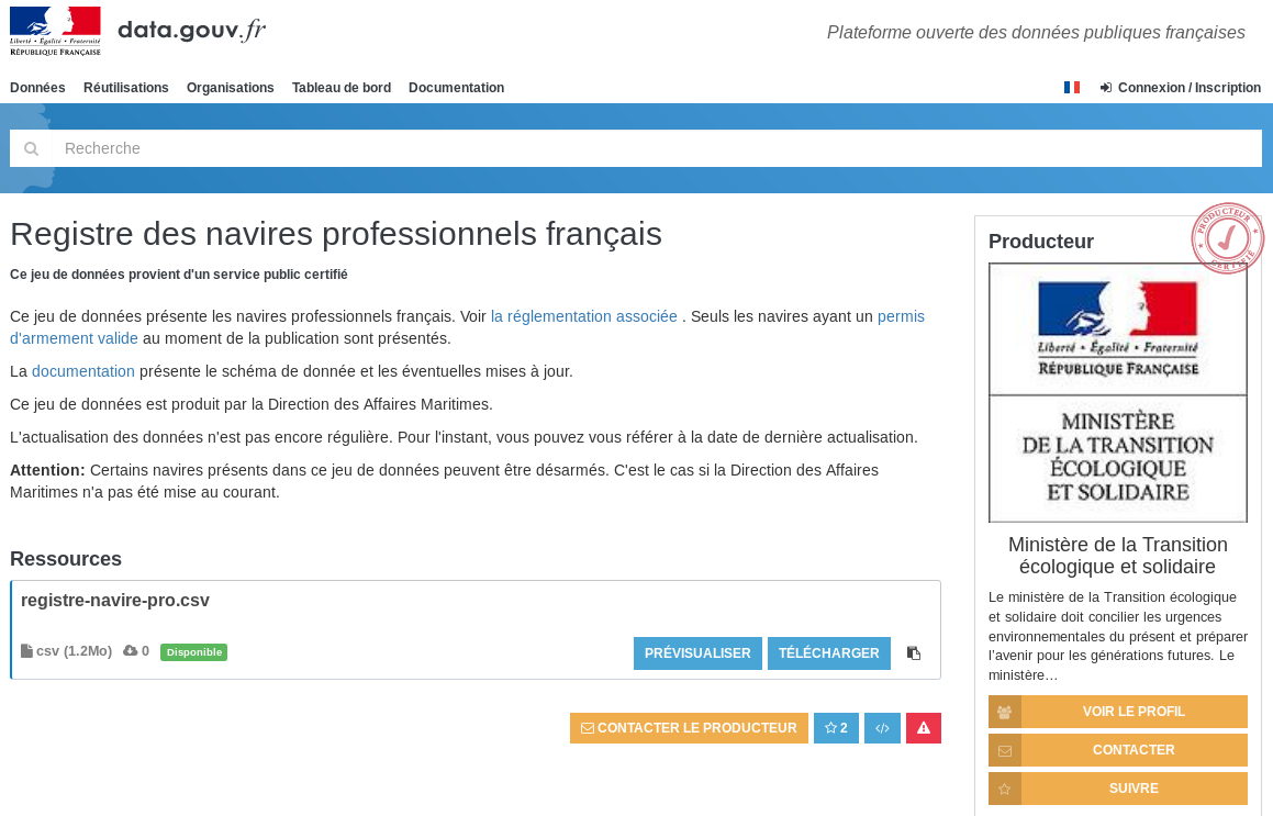 Ouverture des données du registre des navires de la flotte française