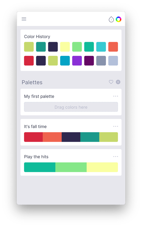 Swach in light mode showing the palettes screen
