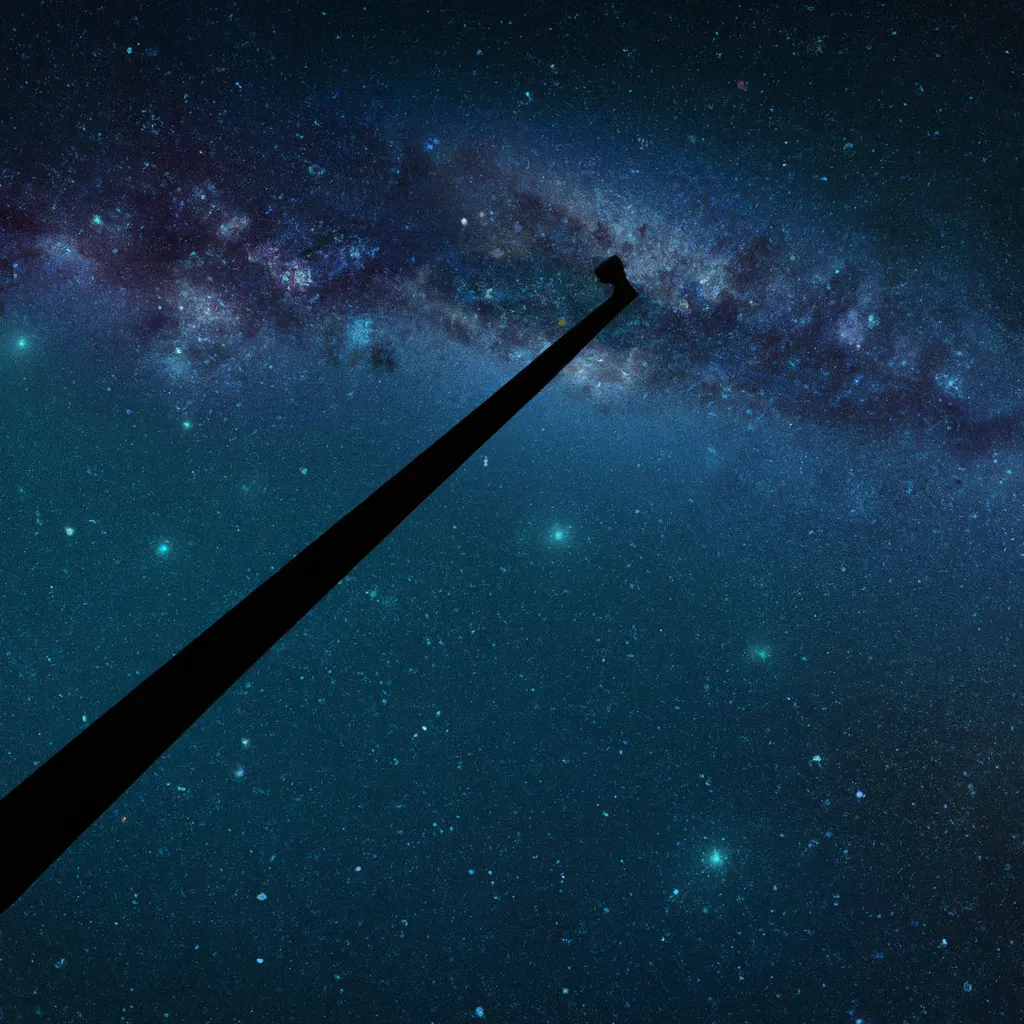 An image of a cable reaching from Earth into space with a platform at the end, against a backdrop of stars and galaxies.