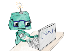 Cartoon of a robot using a laptop