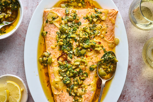 Roasted Citrus Salmon With Green Olive Salsa Verde | Olive & Mango