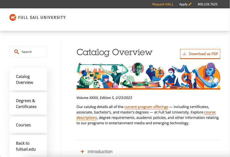 Full Sail's Course Catalog Homepage