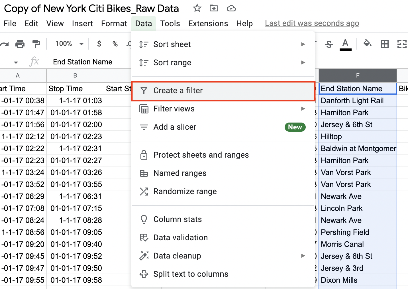 A dataset in Google Sheets. The "Data" option has been selected from the toolbar, and the "Create a filter" option selected from the drop-down menu.
