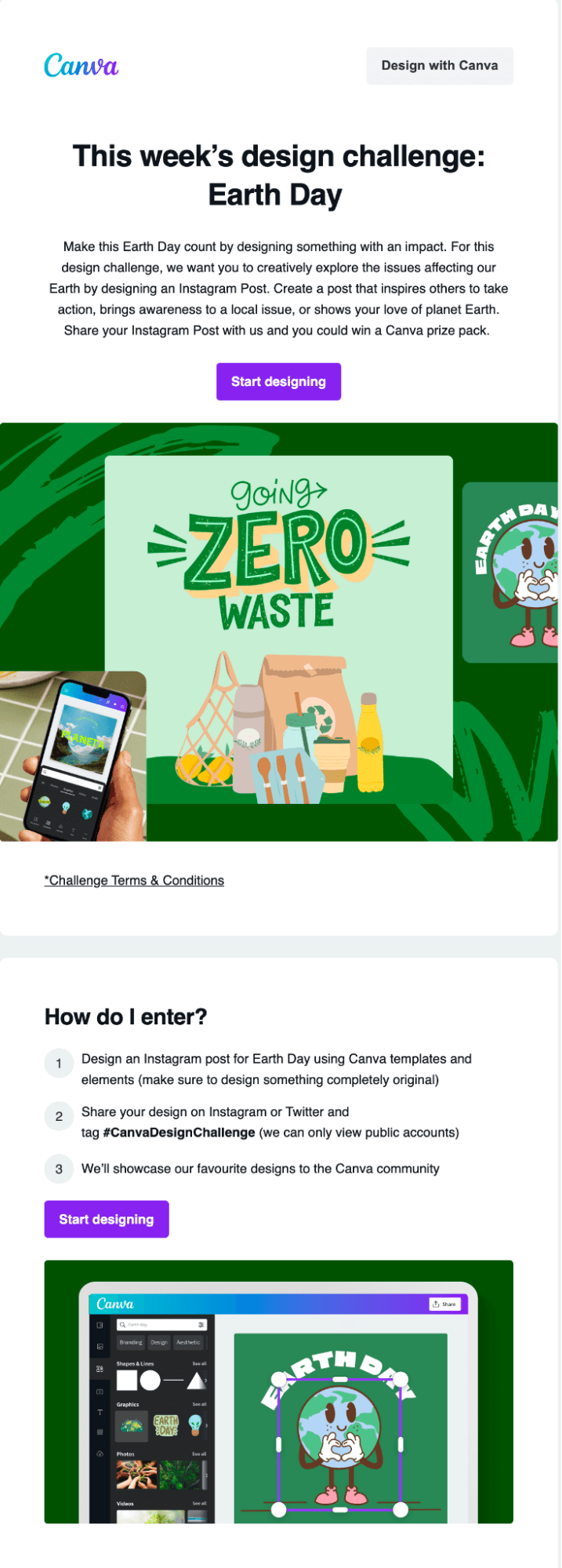 Email Engagement Content Ideas: Screenshot of Canva's email for their Earth Day challenge