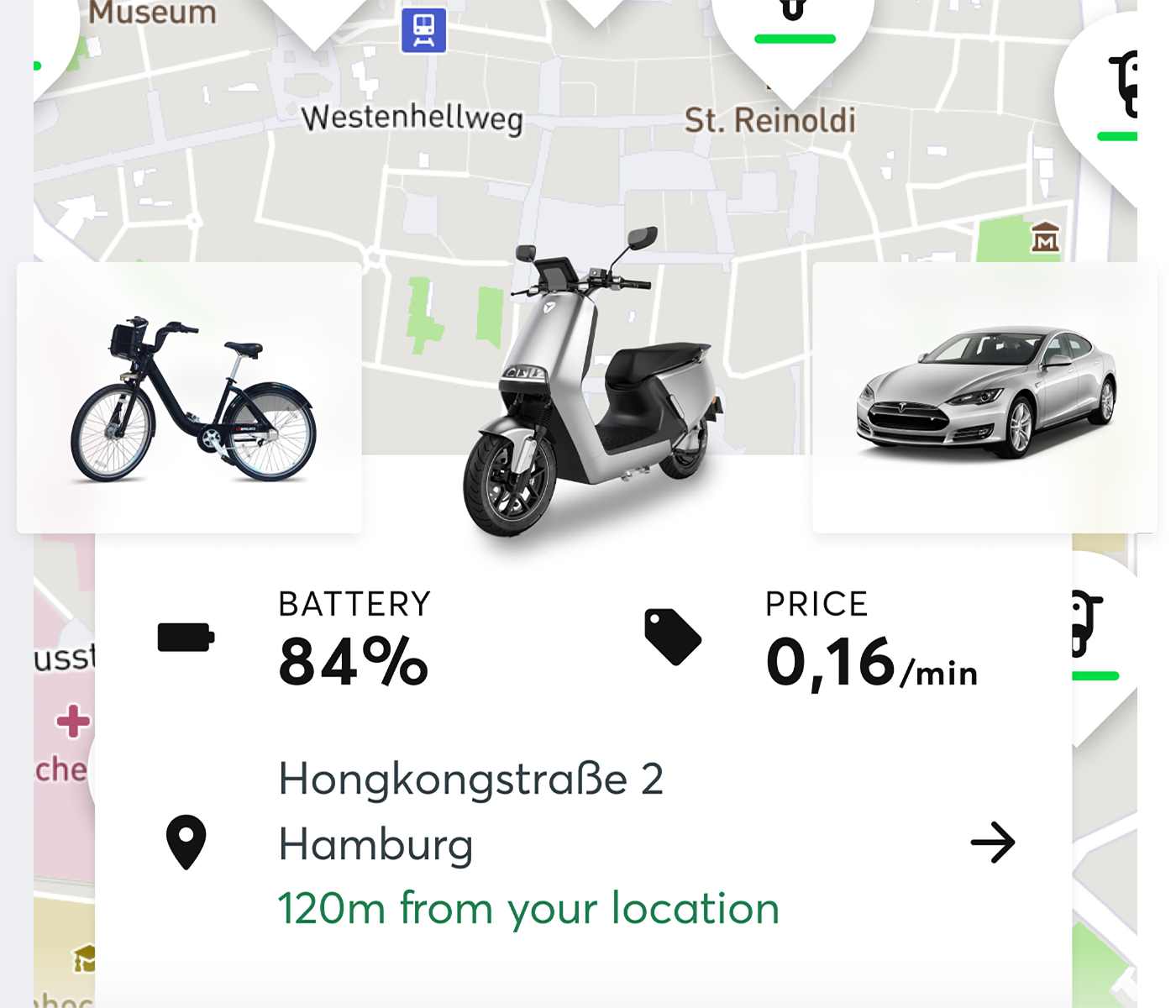 Zoomed screenshot of the Wunder app showing moped baterry status, current price per minute, and current address.