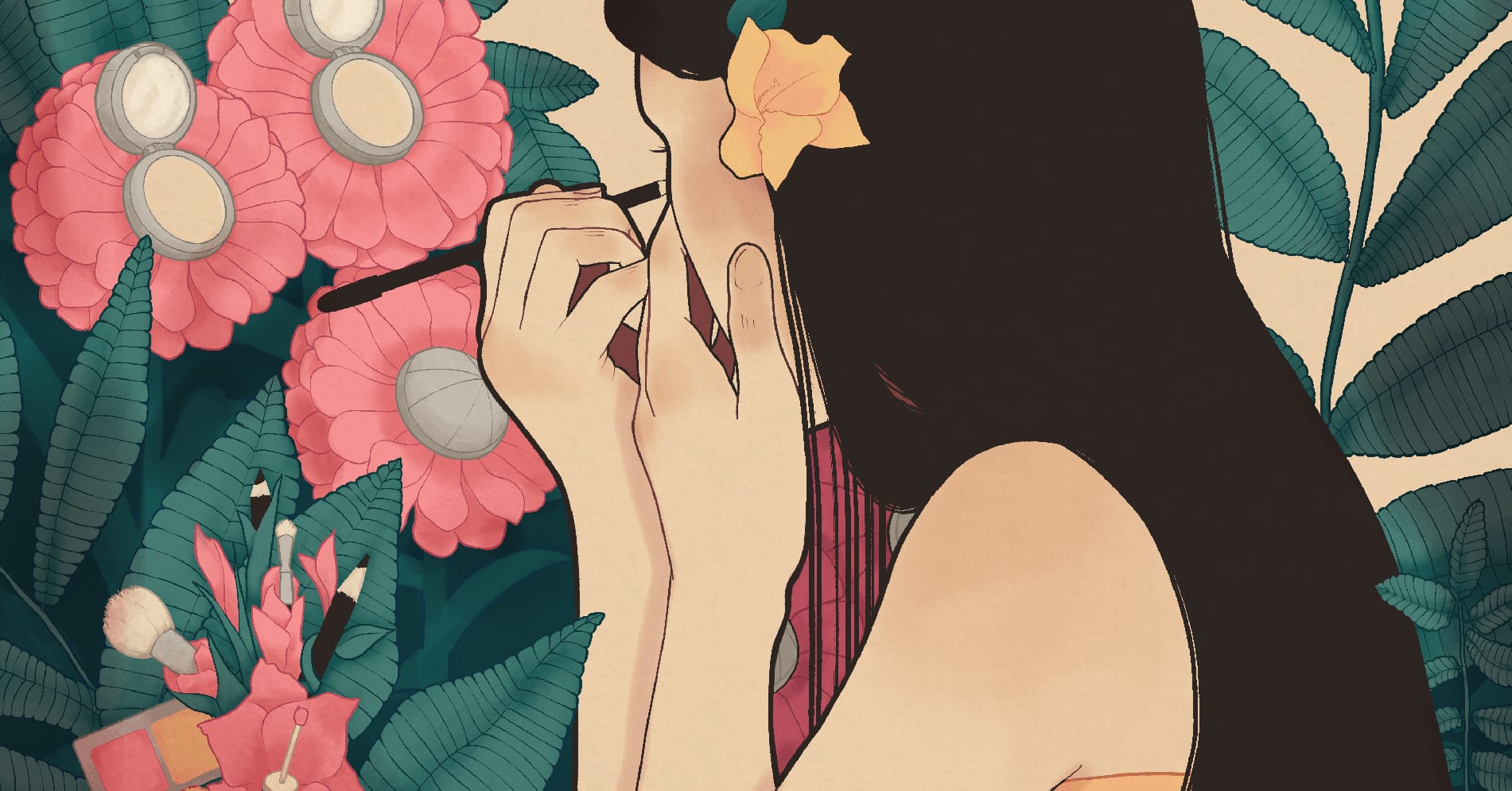 A social media illustration for a fictional cosmetic line of Sephora that depicts a woman, turned away from the viewer doing her makeup, using the cosmetics that are growing out of the flowers and plays around her. Depicted in an art nouveau style. In a rectangle crop that can also work as a header