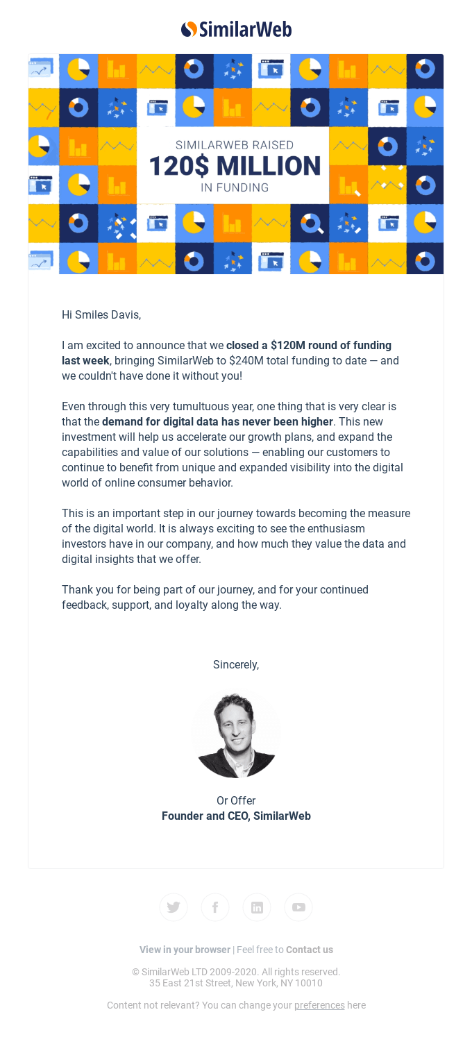 Funding Round Announcement Emails: Screenshot of SimilarWeb's funding round announcement email