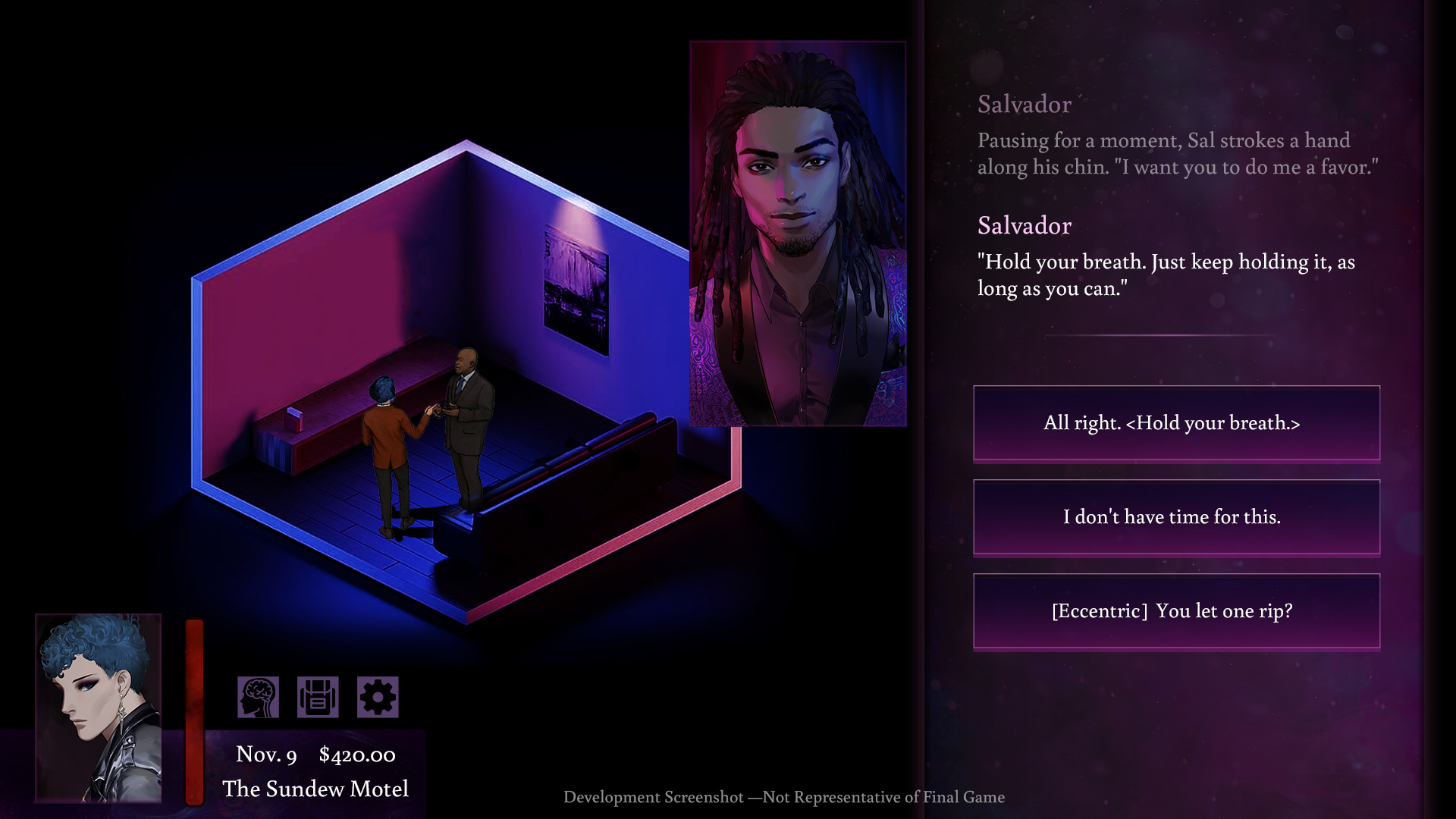 Ingame screen, you are speaking with an NPC named Salvador in a dark purple lit room and need to make a choice in your conversation.